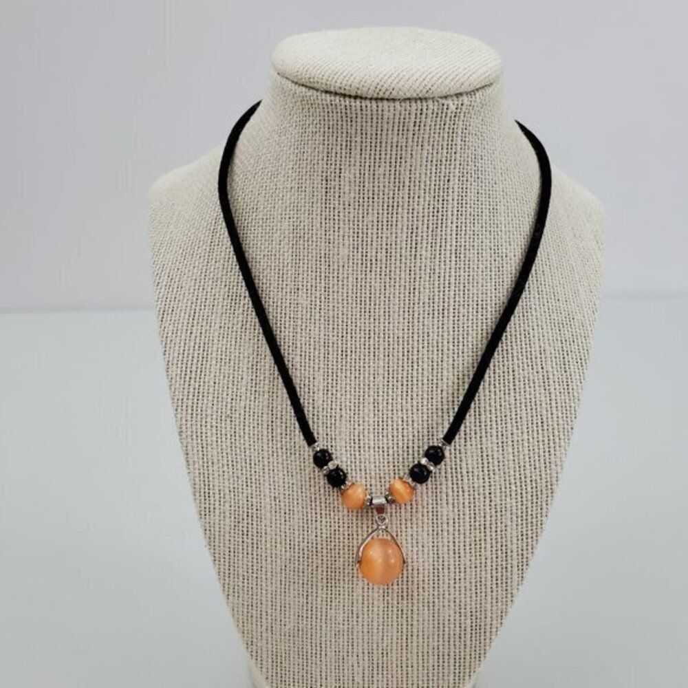 18K GP Gold Plated Necklace Velvet Orange Cats Eye Tigers Black Cord Magnet